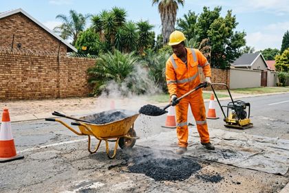 Mothetho Civils worker repairing a pothole on a Gauteng tar road