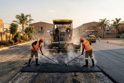 Tar surfacing crew laying fresh asphalt at a Gauteng business park
