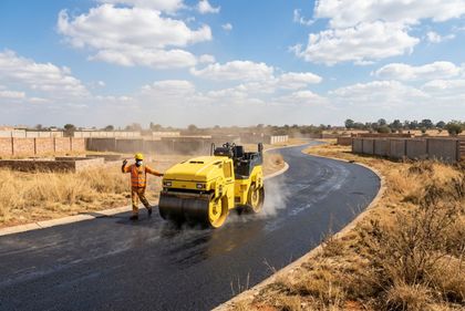 Yellow roller compacting fresh tar through a new Gauteng estate road
