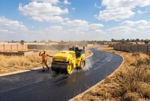 Road construction and surfacing work on a Gauteng estate road